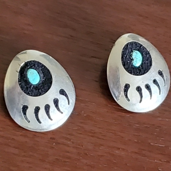 BIG Navajo Sterling & Turquoise Bear Paw Earrings - Picture 5 of 13